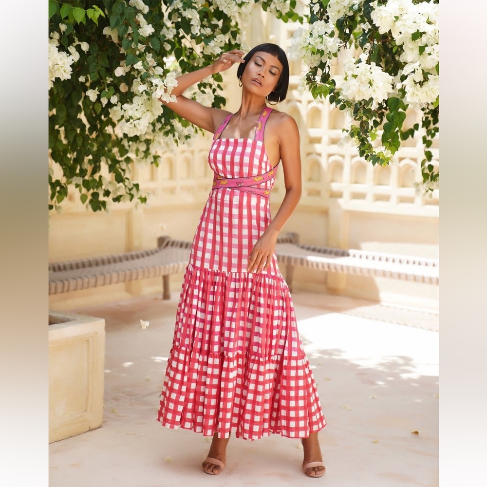 NWT Mo Maya Runa Gingham Check and Leopard Strap Print Maxi Dress Sz XS - Picture 2 of 16